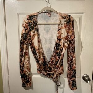 Willow & Root Long-Sleeve Paisley Print Wrap-Tie Top